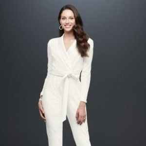 Adrianna Papell for David's Bridal Wrap-Front Tuxedo Jumpsuit with Satin Sash